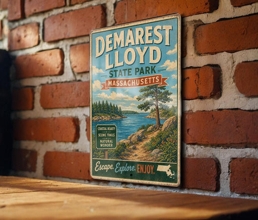 A vintage metal sign for Demarest Lloyd State Park in Massachusetts, featuring a scenic landscape with a lake, mountains, and pine trees.