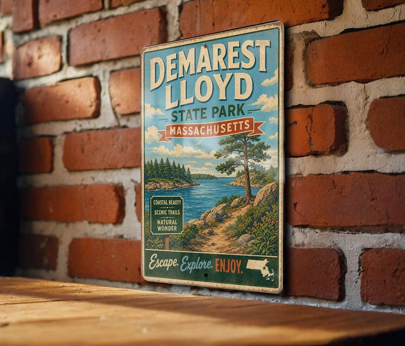 A vintage metal sign for Demarest Lloyd State Park in Massachusetts, featuring a scenic landscape with a lake, mountains, and pine trees.