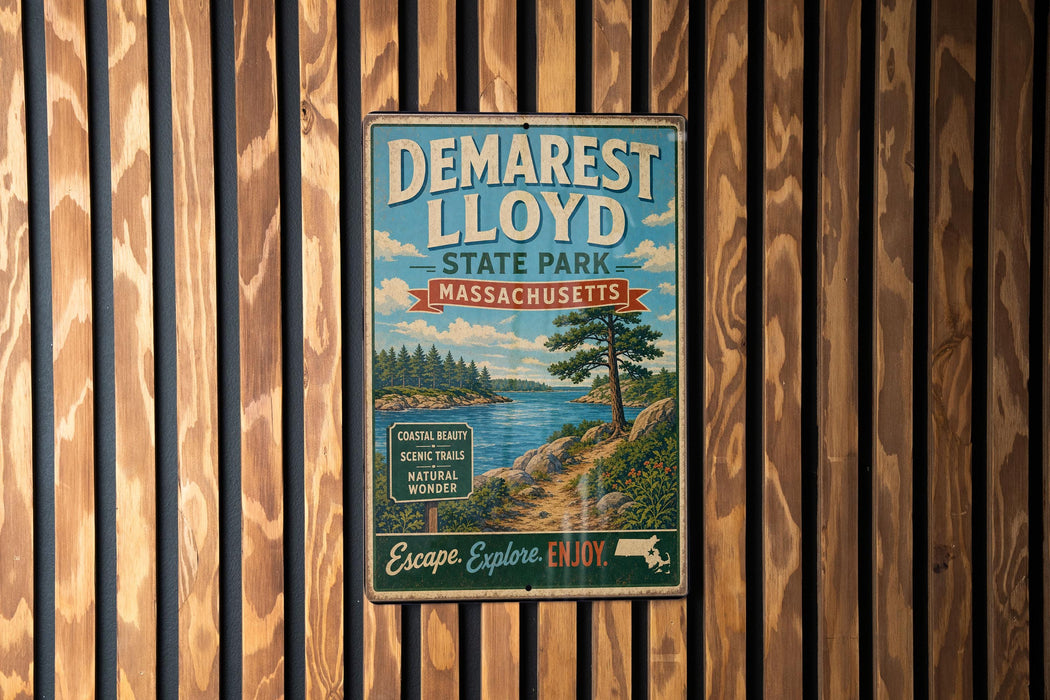 A vintage-style metal sign for Demarest Lloyd State Park in Massachusetts, featuring a scenic landscape with a lake, trees, and mountains.