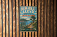 A vintage-style metal sign for Demarest Lloyd State Park in Massachusetts, featuring a scenic landscape with a lake, trees, and mountains.