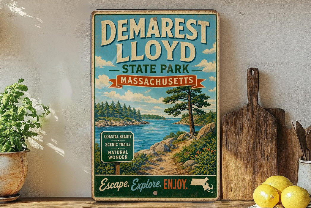 A vintage-style poster advertising Demarest Lloyd State Park in Massachusetts, featuring a scenic landscape with a lake, pine trees, and mountains.