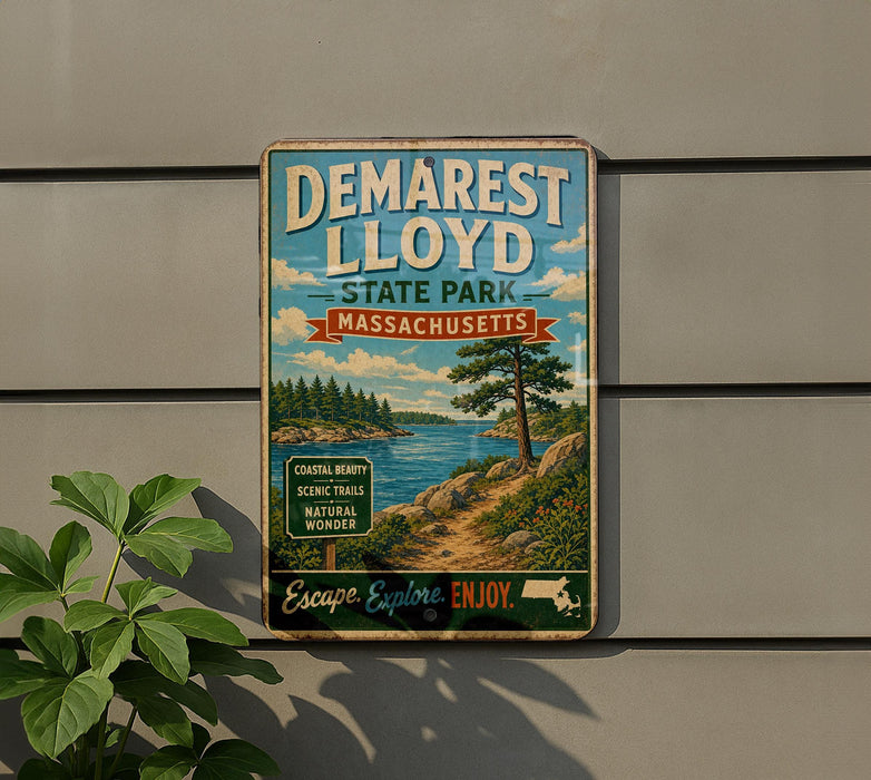 A vintage metal sign for Demarest Lloyd State Park in Massachusetts, featuring a scenic landscape with a lake, mountains, and pine trees.