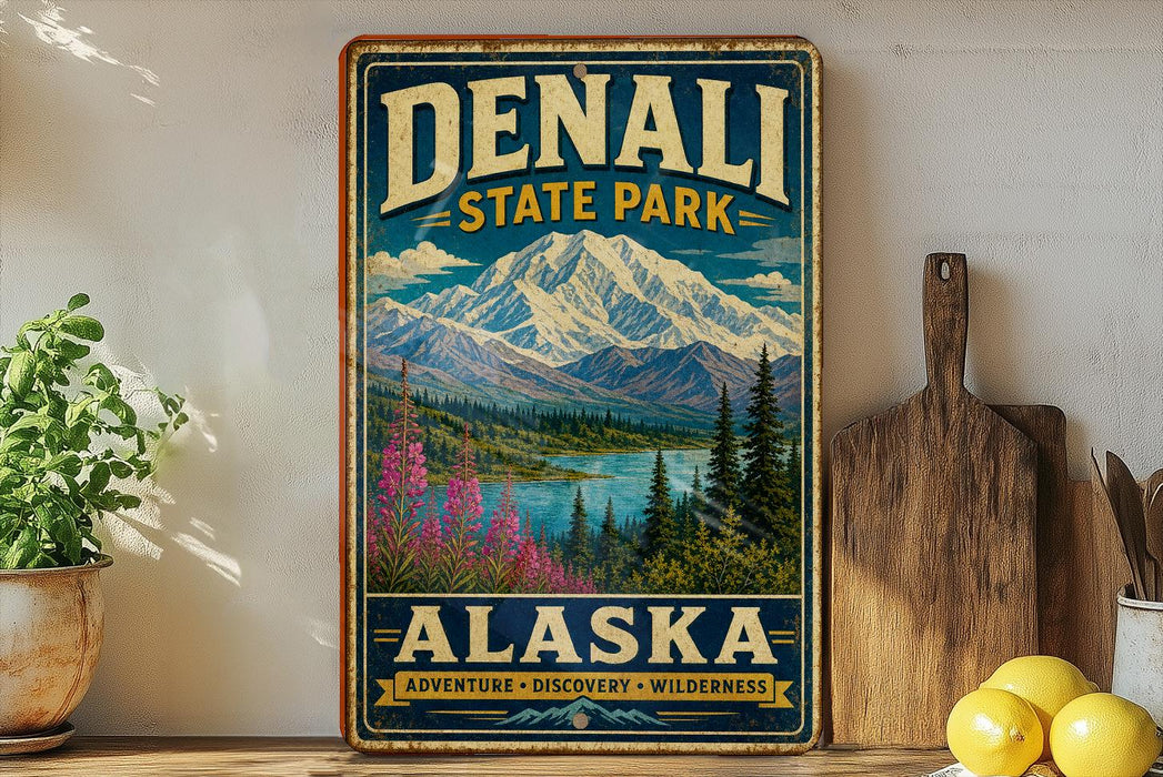 A vintage-style sign for Denali State Park in Alaska, featuring a mountain landscape with pine trees and a lake.
