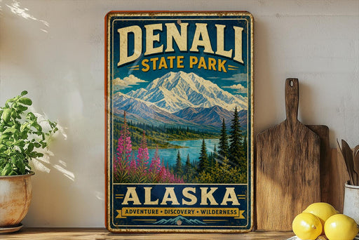 A vintage-style sign for Denali State Park in Alaska, featuring a mountain landscape with pine trees and a lake.