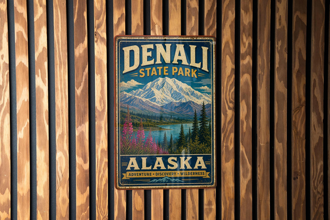 A vintage metal sign for Denali State Park in Alaska, featuring a mountain landscape with pine trees and a lake.