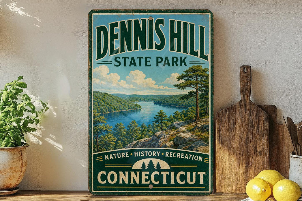 A vintage-style sign for Dennis Hill State Park in Connecticut, featuring a scenic landscape with a lake and mountains.