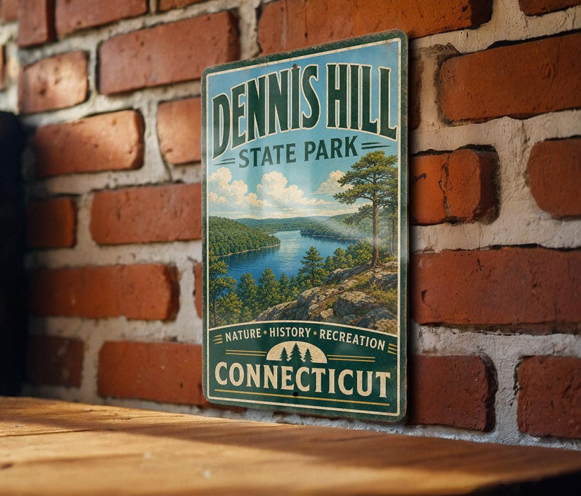 A vintage-style metal sign for Dennis Hill State Park in Connecticut, featuring a scenic landscape with a lake and mountains.