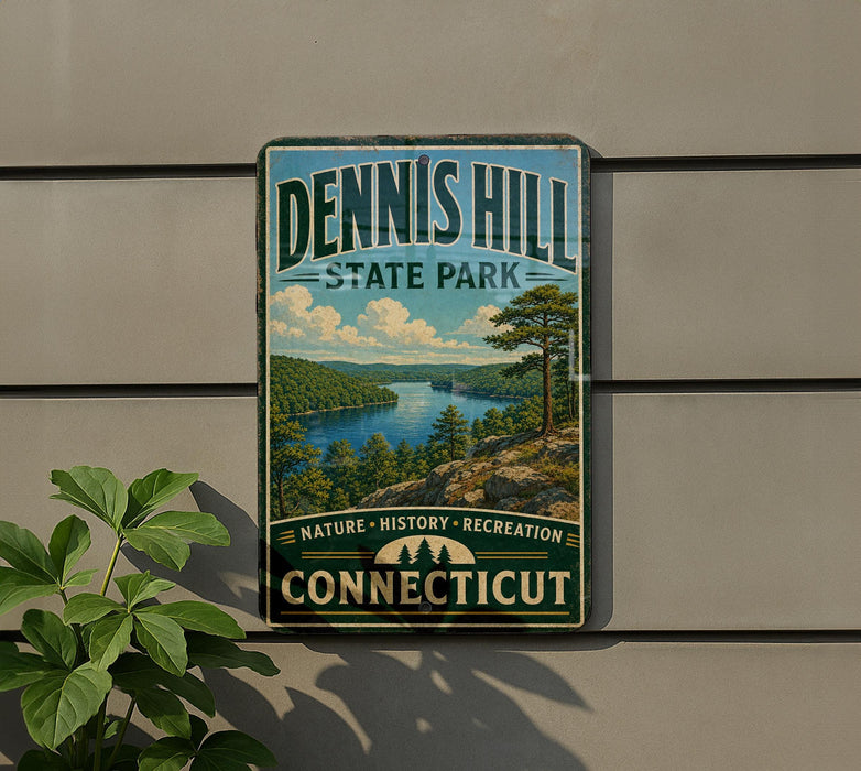 A vintage-style sign for Dennis Hill State Park in Connecticut, featuring a scenic landscape with a lake and mountains.