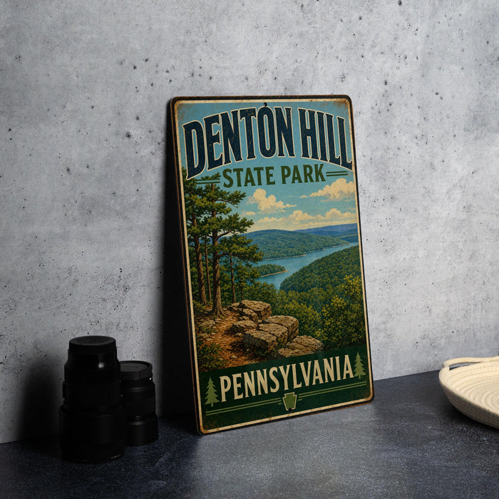A vintage-style metal sign for Denton Hill State Park in Pennsylvania, featuring a scenic landscape with a river and forest.