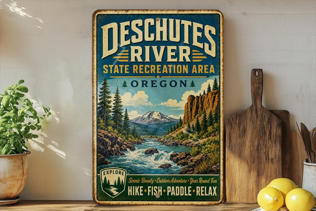 A vintage-style metal sign advertising Deschutes River State Recreation Area in Oregon, featuring a scenic mountain landscape with a river flowing through it.