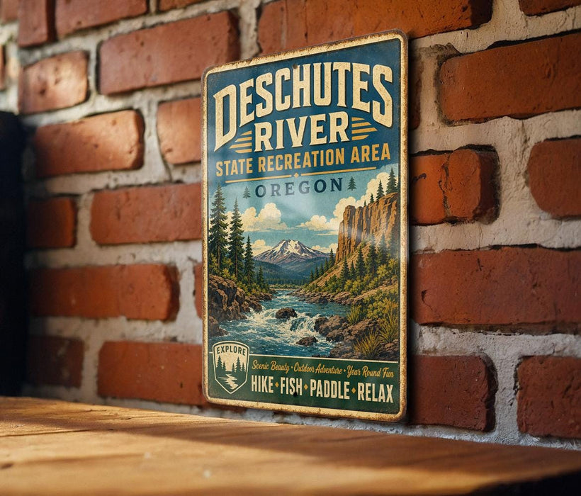 A vintage metal sign for the Deschutes River State Recreation Area in Oregon, featuring a scenic illustration of a river, mountains, and forests.