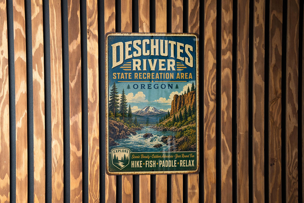 A vintage-style metal sign for the Deschutes River State Recreation Area in Oregon, featuring a scenic landscape with a river, mountains, and pine trees.