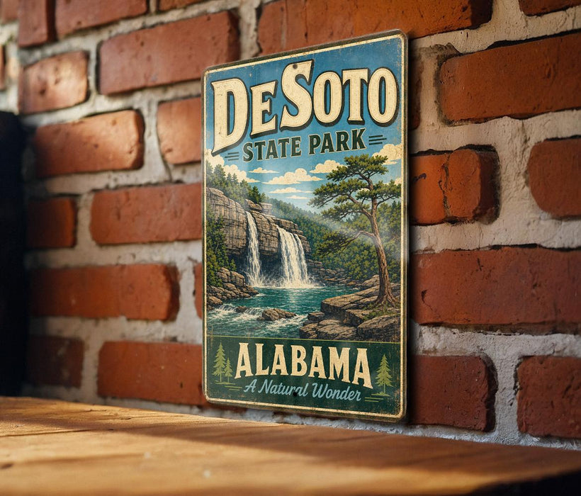 A vintage-style metal sign for Desoto State Park in Alabama, featuring a scenic illustration of a waterfall and forest.