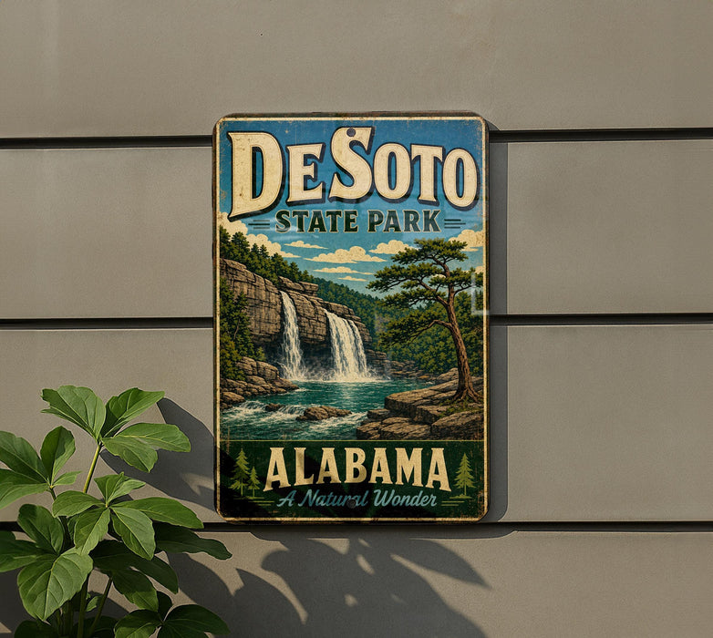 A vintage-style sign for DeSoto State Park in Alabama, featuring a waterfall and lush greenery.