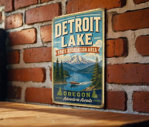 A vintage metal sign for Detroit Lake, Oregon, featuring a scenic mountain landscape with a lake and boats.
