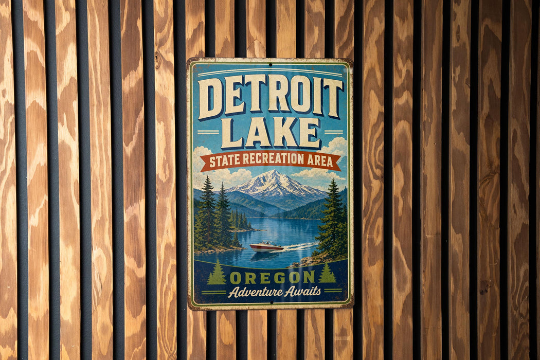 A vintage metal sign for Detroit Lake, Oregon, featuring a scenic mountain landscape with a lake and boats.