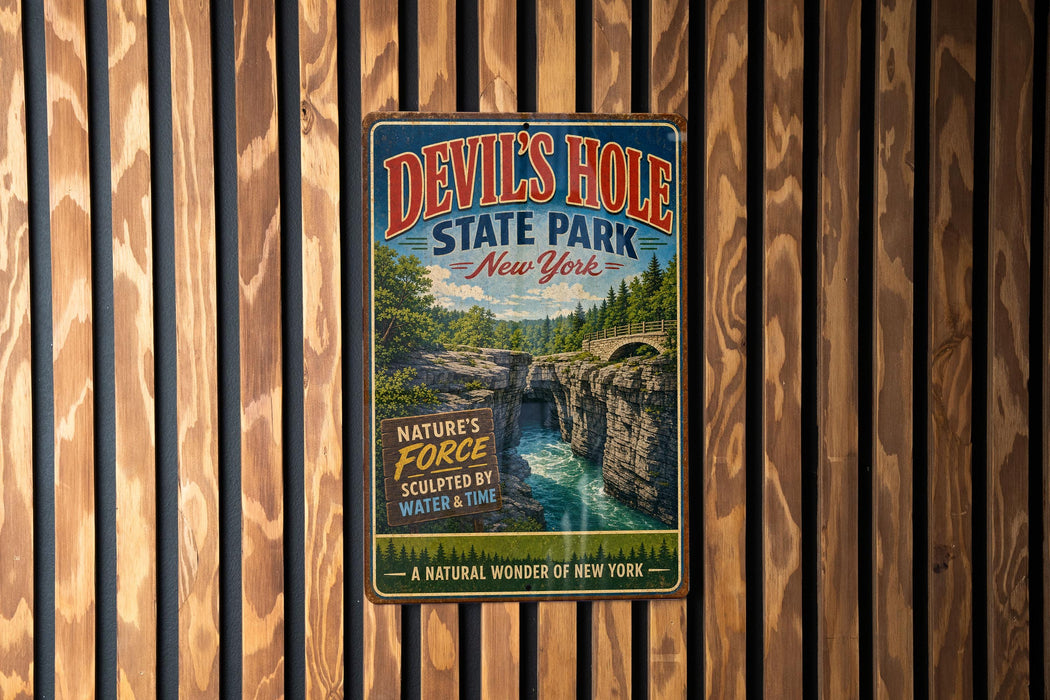 A vintage-style metal sign for Devil's Hole State Park in New York, featuring a scenic image of the natural wonder.