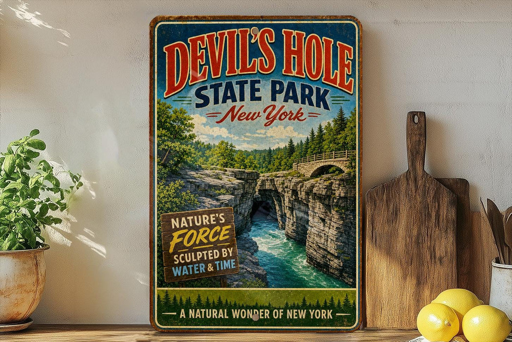 A vintage-style sign for Devil's Hole State Park in New York, featuring a scenic image of a waterfall and cliffs.
