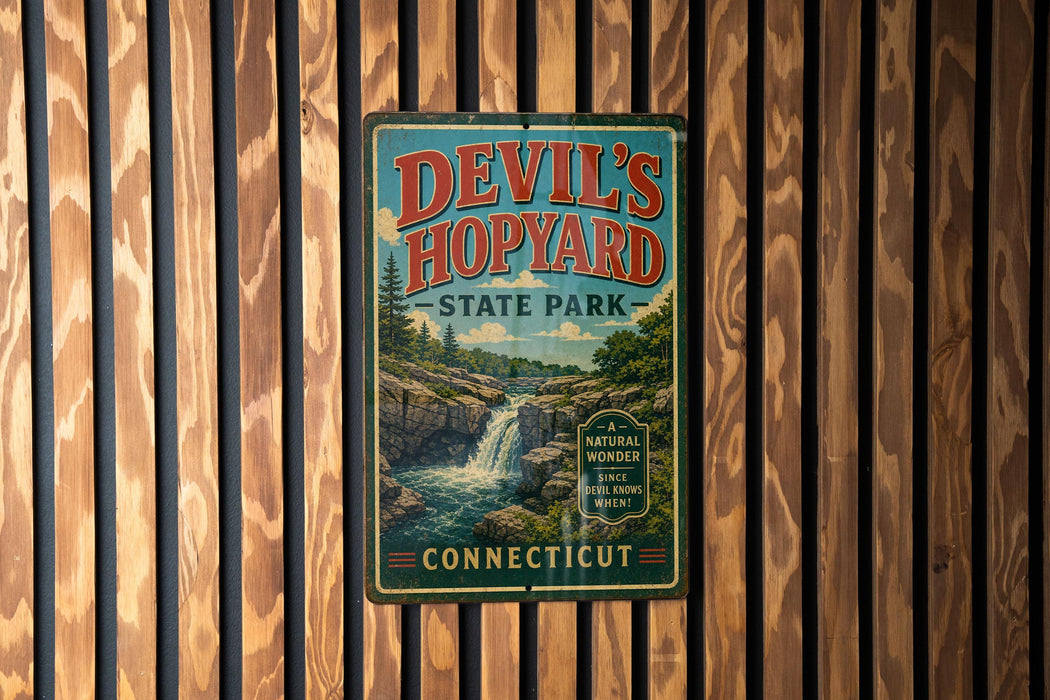 A vintage-style sign for Devil's Hopyard State Park in Connecticut, featuring a scenic image of a waterfall and forest.