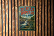 A vintage-style sign for Devil's Hopyard State Park in Connecticut, featuring a scenic image of a waterfall and forest.