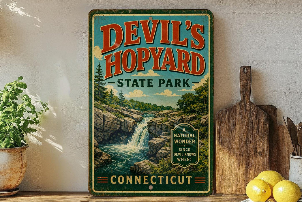 A vintage-style sign for Devil's Hopyard State Park in Connecticut, featuring a scenic image of a waterfall and forest.
