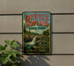 A vintage-style sign for Devil's Hopyard State Park in Connecticut, featuring a scenic image of a waterfall and lush greenery.