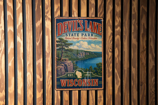 A vintage-style metal sign for Devil's Lake State Park in Wisconsin, featuring a scenic landscape with a lake, mountains, and a tree.
