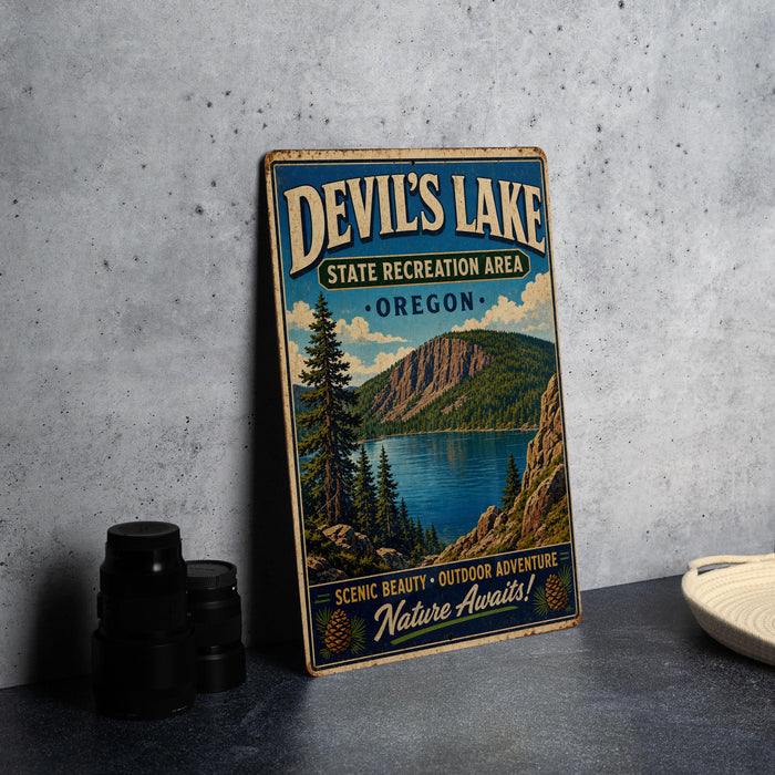 A vintage-style metal sign for Devil's Lake, Oregon, featuring a scenic landscape with a lake, mountains, and pine trees.