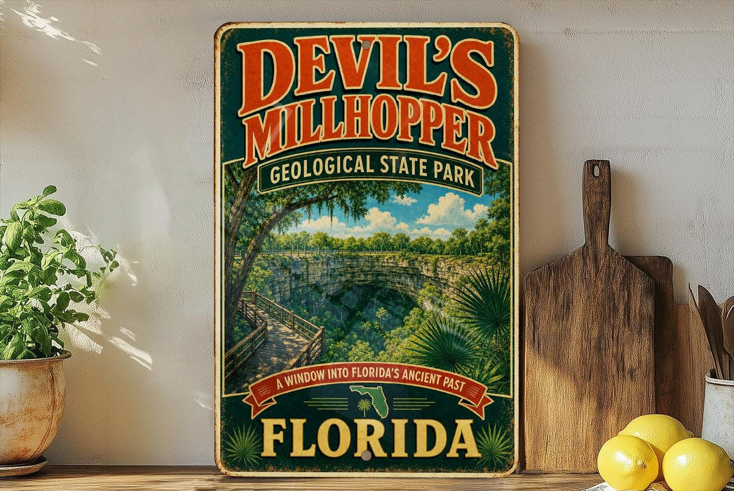 A vintage-style sign for Devil's Millhopper Geological State Park in Florida, featuring a scenic image of the park's natural landscape.