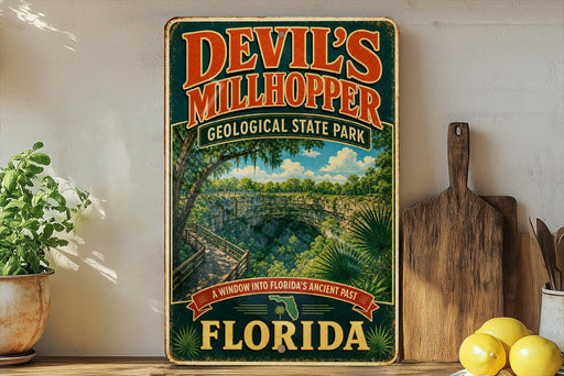 A vintage-style sign for Devil's Millhopper Geological State Park in Florida, featuring a scenic image of the park's natural landscape.
