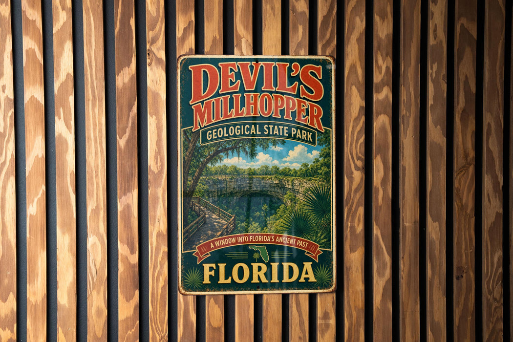 A vintage-style metal sign for Devil's Millhopper Geological State Park in Florida, featuring a scenic illustration of a bridge and palm trees.