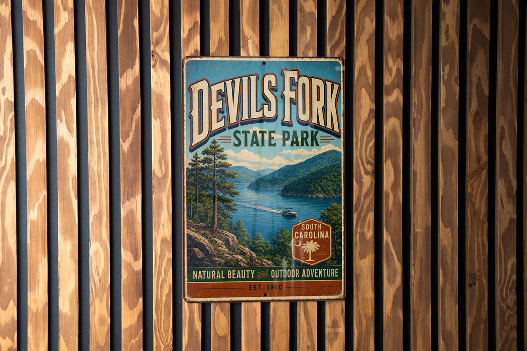 A vintage metal sign for Devil's Fork State Park, featuring a scenic landscape with a lake and mountains.