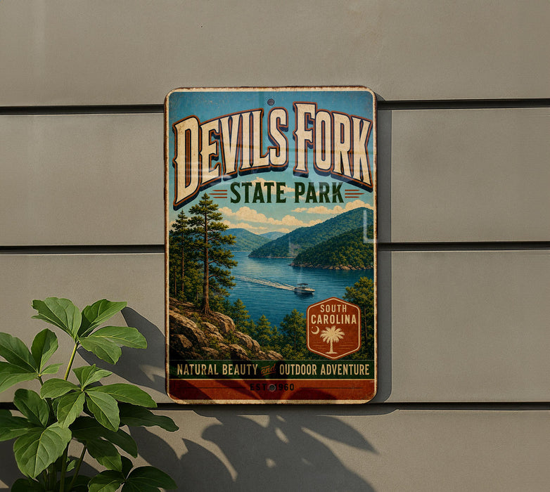 A vintage-style sign for Devil's Fork State Park, featuring a scenic landscape with a lake, mountains, and a boat.