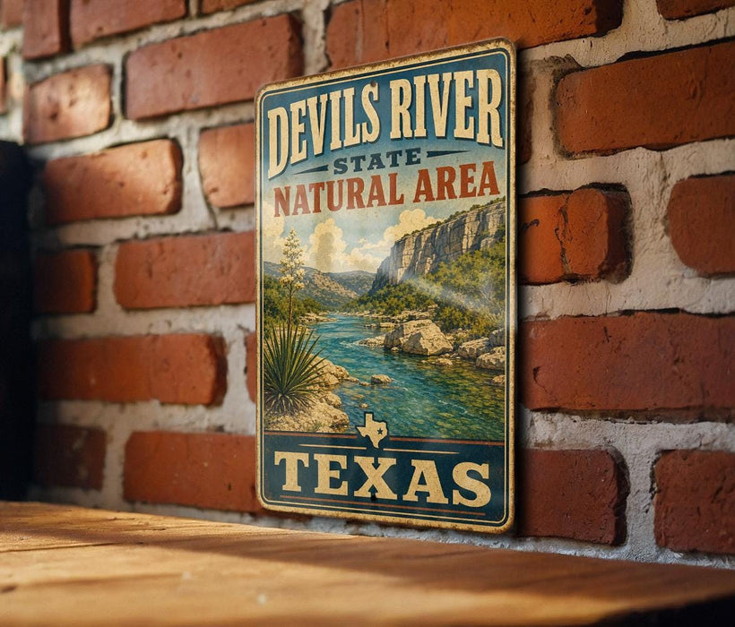 A vintage-style metal sign for the Devils River State Natural Area in Texas, featuring a scenic illustration of the river and mountains.
