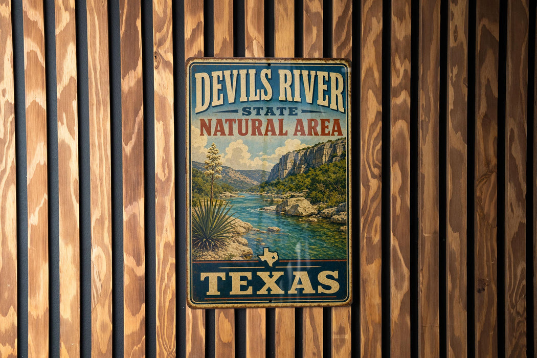 A vintage-style metal sign for the Devils River State Natural Area in Texas, featuring a scenic landscape with a river, mountains, and desert vegetation.