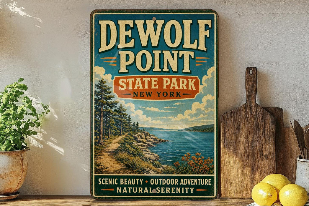 A vintage-style poster for "DEWOLF POINT STATE PARK NEW YORK" is displayed on a wall, with a wooden cutting board and some potted plants in the foreground.