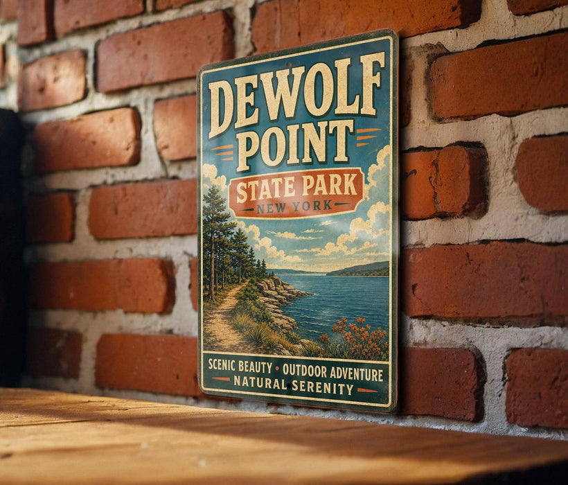 A vintage-style metal sign for "DEWOLF POINT STATE PARK NEW YORK" is displayed on a brick wall, with a wooden table below it.
