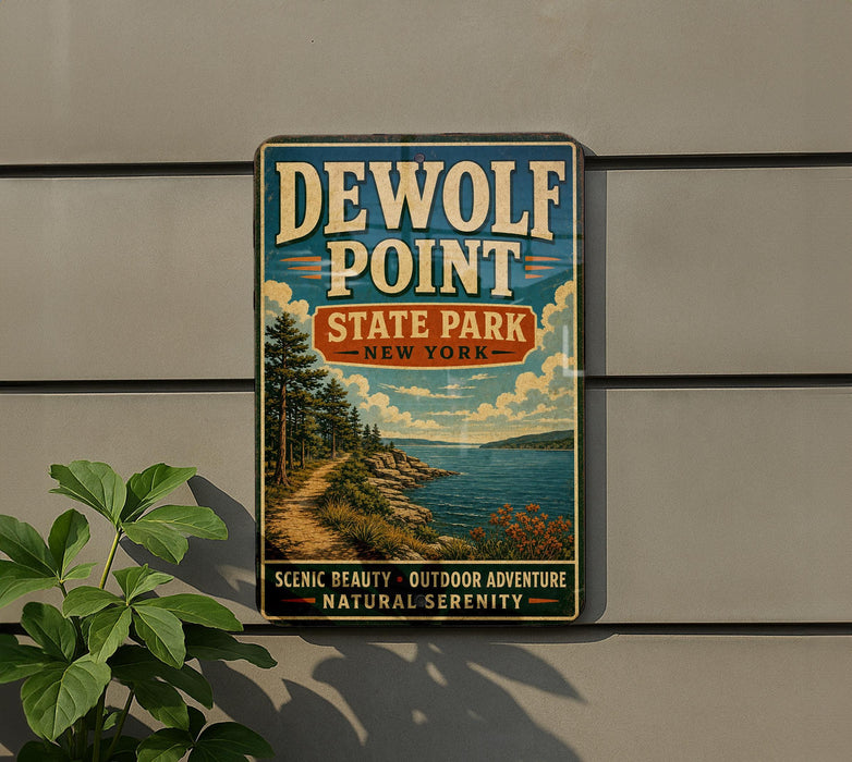 A vintage-style metal sign for DEWOLF POINT STATE PARK, NEW YORK, featuring a scenic landscape with a path leading to a body of water.
