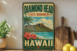 A vintage-style sign for Diamond Head State Monument in Hawaii, featuring a tropical landscape with a mountain, palm trees, and a beach.