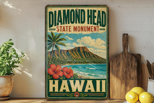 A vintage-style sign for Diamond Head State Monument in Hawaii, featuring a tropical landscape with a mountain, palm trees, and a beach.
