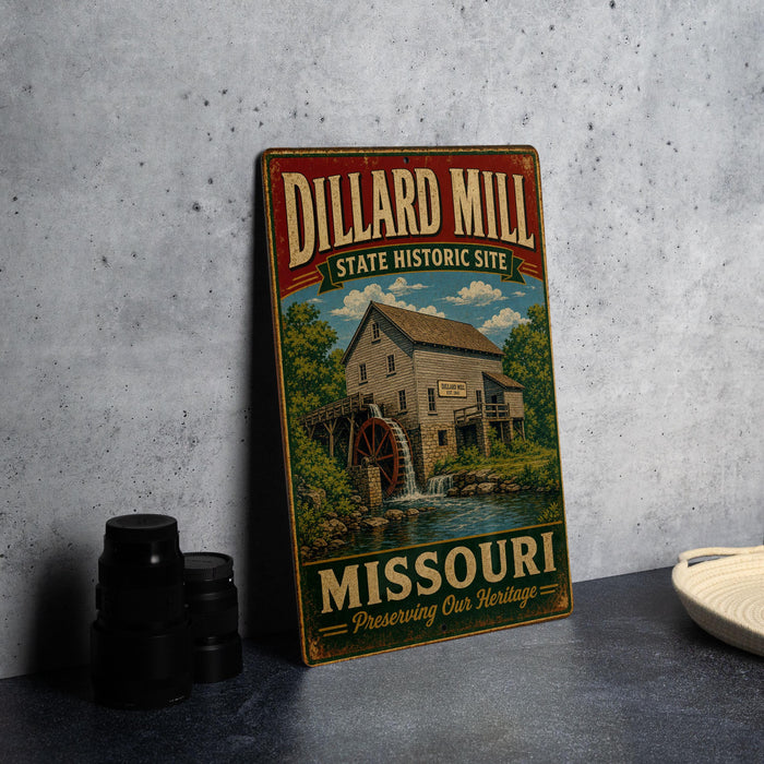 A vintage-style metal sign for the Dillard Mill State Historic Site in Missouri, featuring an illustration of a mill and a river.