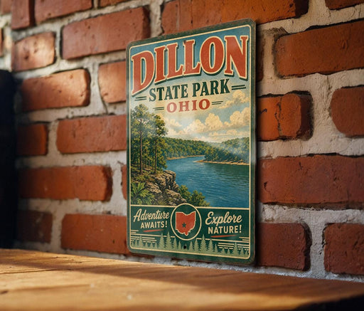 A vintage-style metal sign for Dillon State Park, Ohio, featuring a scenic landscape with a river and forest.