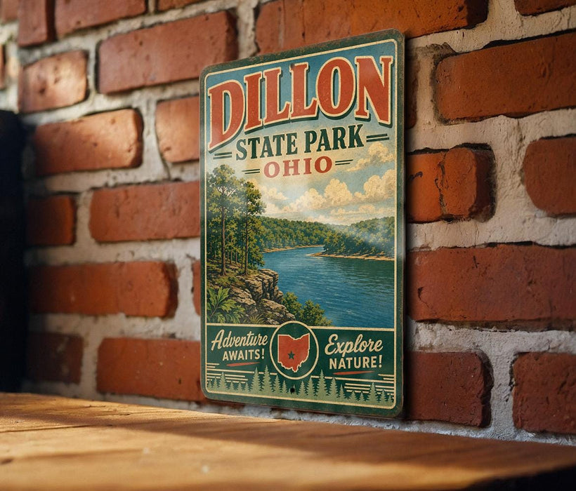 A vintage-style metal sign for Dillon State Park, Ohio, featuring a scenic landscape with a river and forest.