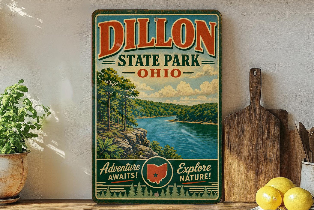 A vintage-style sign for Dillon State Park, Ohio, featuring a scenic landscape with a river and forest.