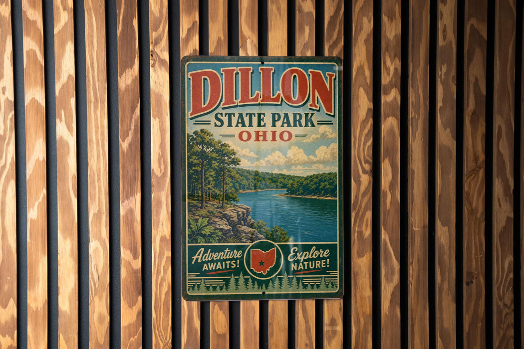 A vintage-style metal sign for Dillon State Park in Ohio, featuring a scenic landscape with a river and forest.