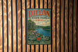 A vintage-style metal sign for Dillon State Park in Ohio, featuring a scenic landscape with a river and forest.