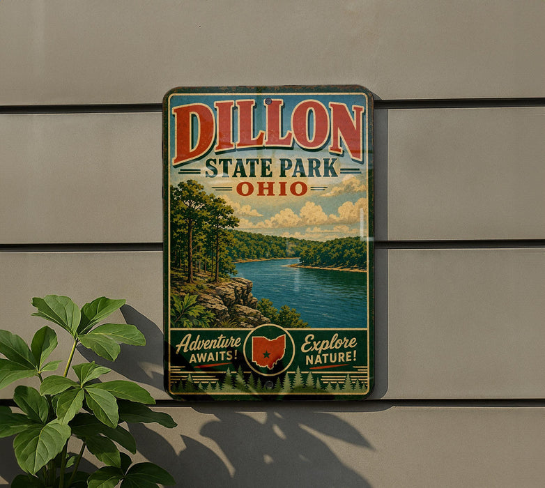 A vintage metal sign for Dillon State Park in Ohio, featuring a scenic landscape with a river and trees.