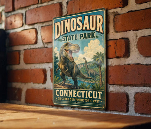 A vintage-style metal sign for Dinosaur State Park in Connecticut, featuring a dinosaur illustration and the text "Connecticut" and "DINOSAUR STATE PARK CONNECTICUT" on a brick wall.