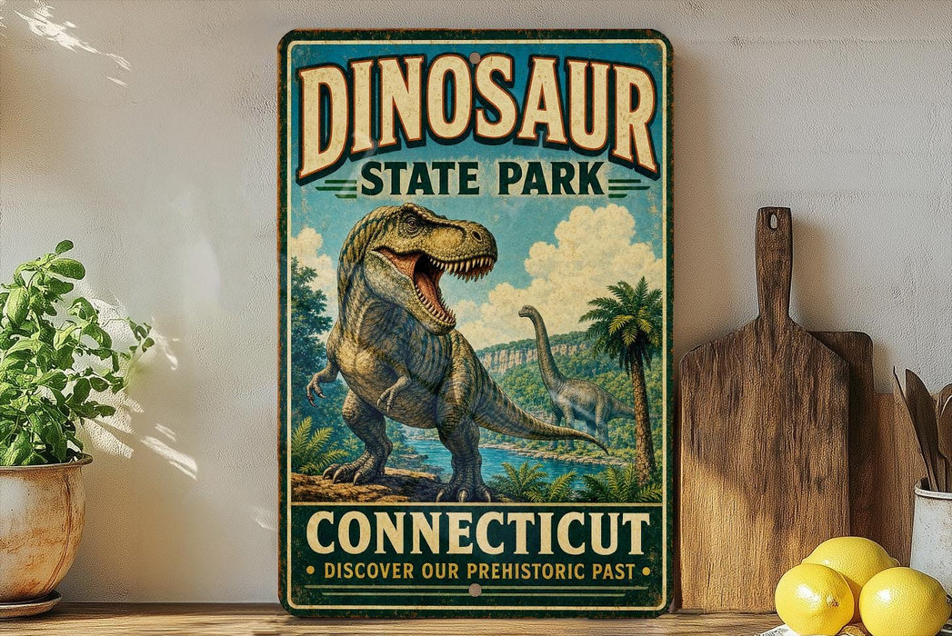 A vintage-style sign for Dinosaur State Park in Connecticut, featuring a T-Rex dinosaur and tropical landscape.