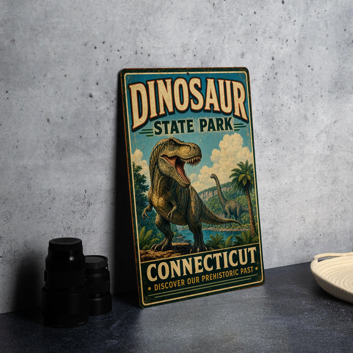A vintage-style metal sign for Dinosaur State Park in Connecticut, featuring a large illustration of a T-Rex dinosaur and the text "DINOSAUR STATE PARK CONNECTICUT DISCOVER OUR PREHISTORIC PAST".